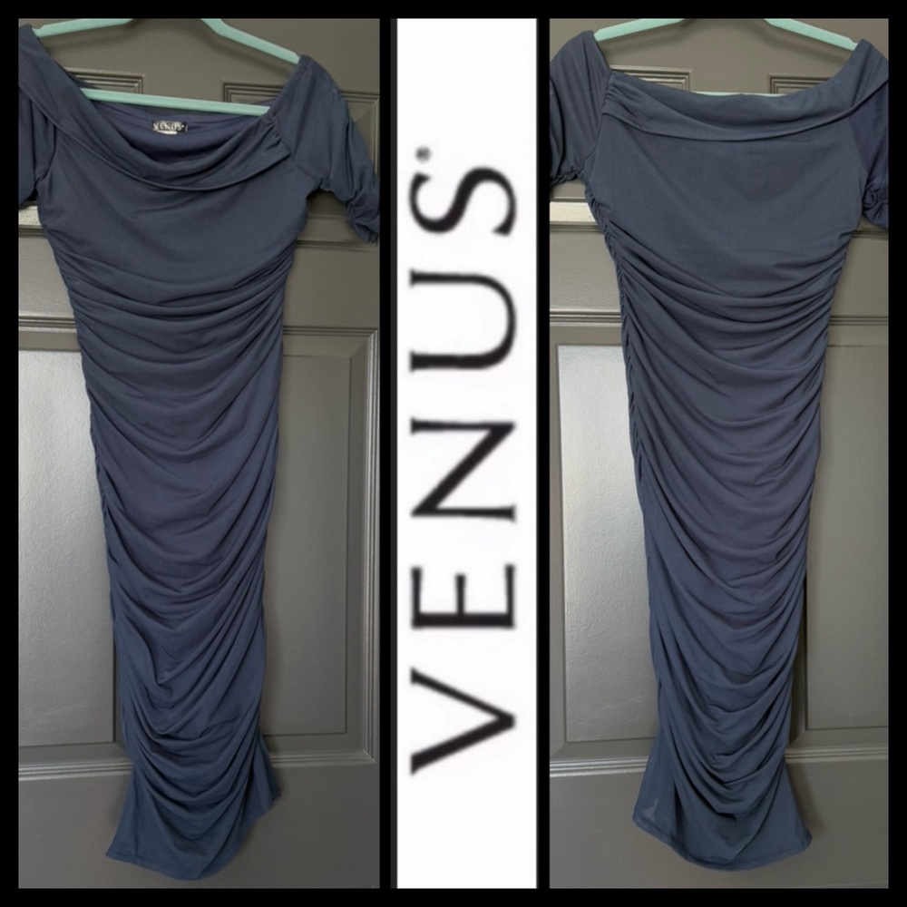 VENUS Navy Off-Shoulder Ruched Bodycon Dress